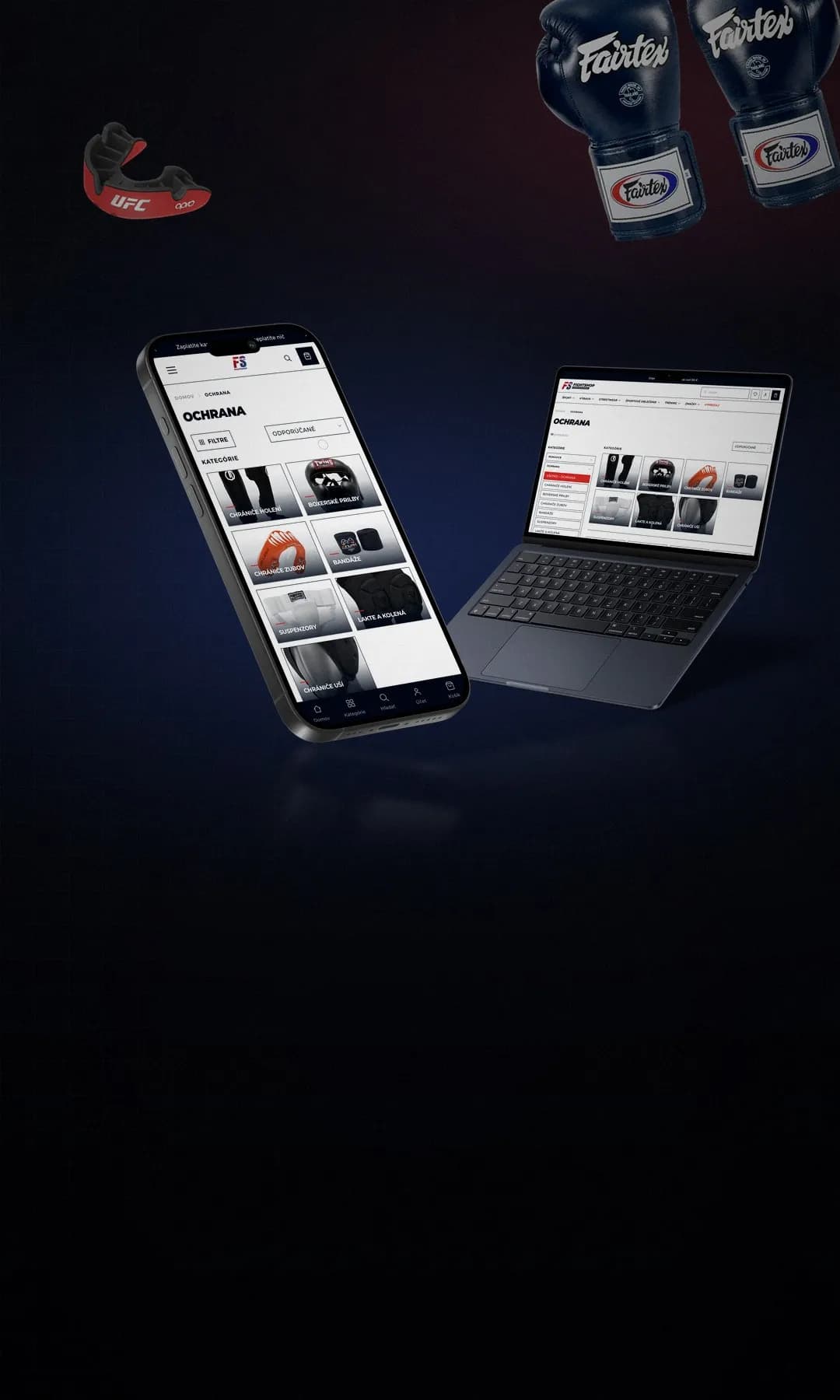 Nový e-shop Fightshop.sk na mobile a notebooku, boxerské rukavice Fairtex a chránič zubov Opro