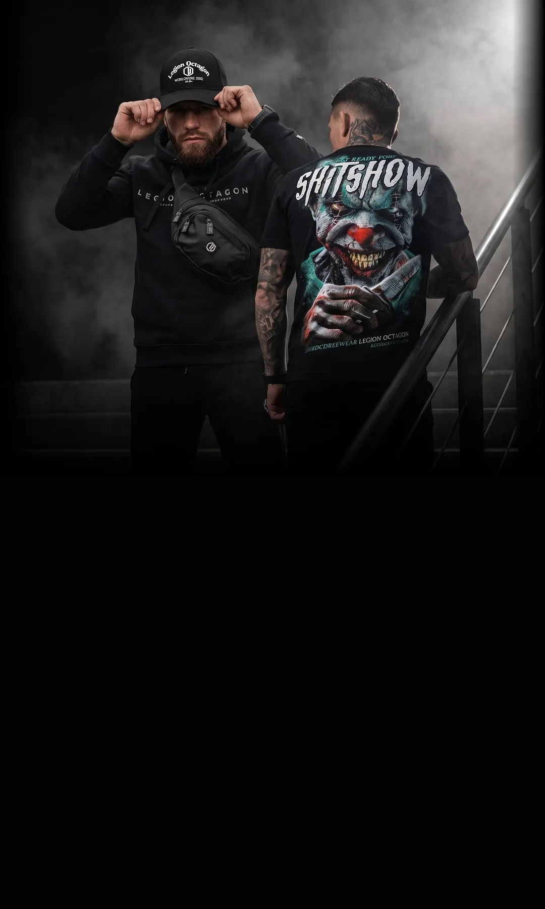 Streetwear Legion Octagon — čierna mikina s kapucňou, šiltovka, ľadvinka a tričko s potlačou